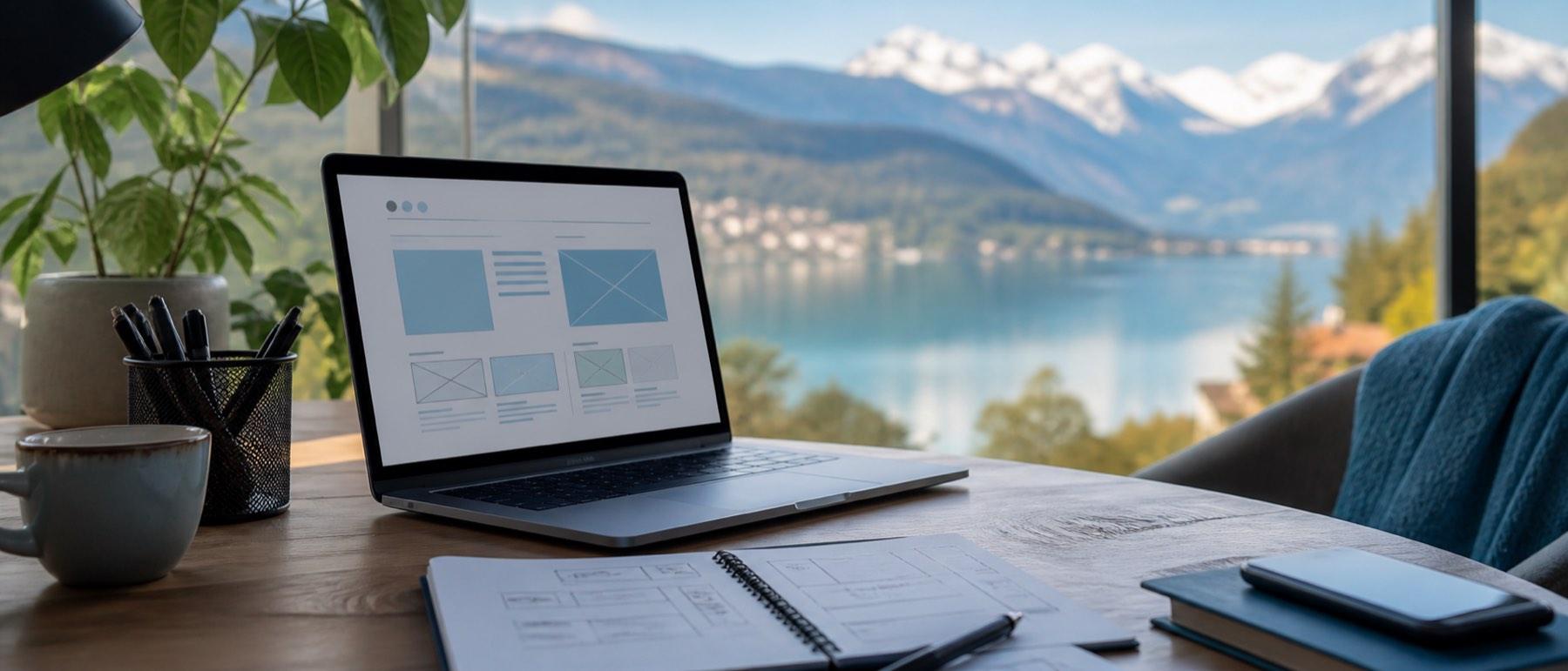 Bureau de webmaster à Annecy avec ordinateur et vue sur les Alpes
