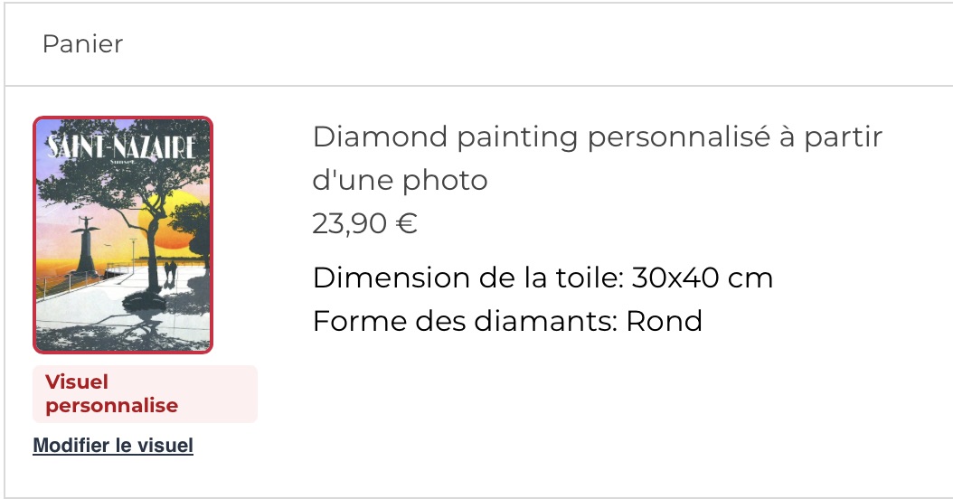Panier PrestaShop affichant le visuel personnalisé et les options choisies