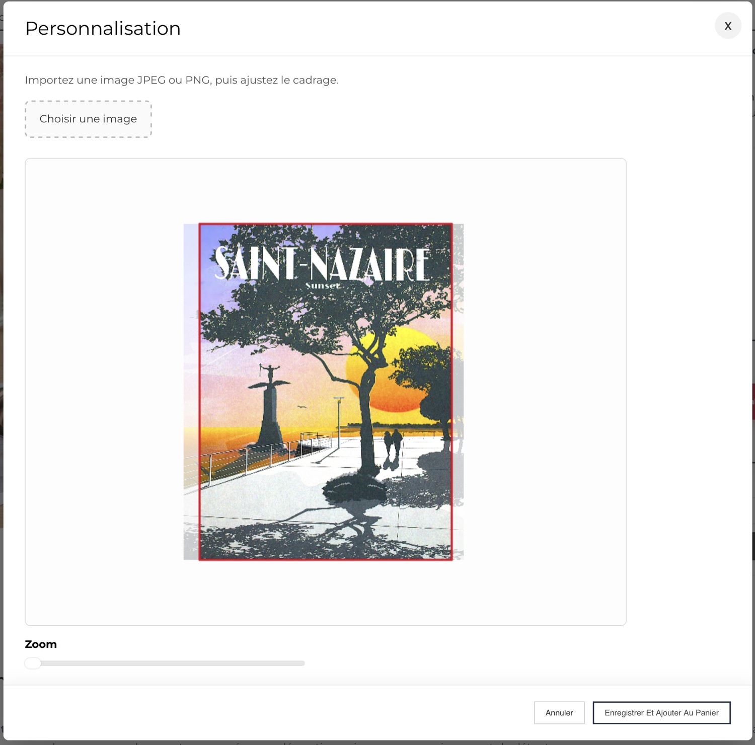 Interface de recadrage avec aperçu de l'image client
