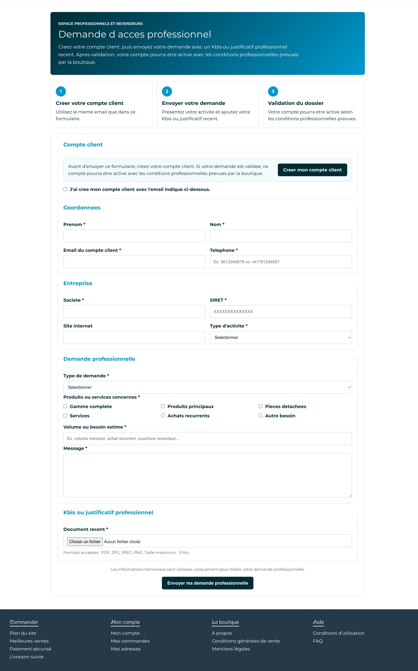 Aperçu du formulaire public du module PrestaShop Demande d'accès professionnel