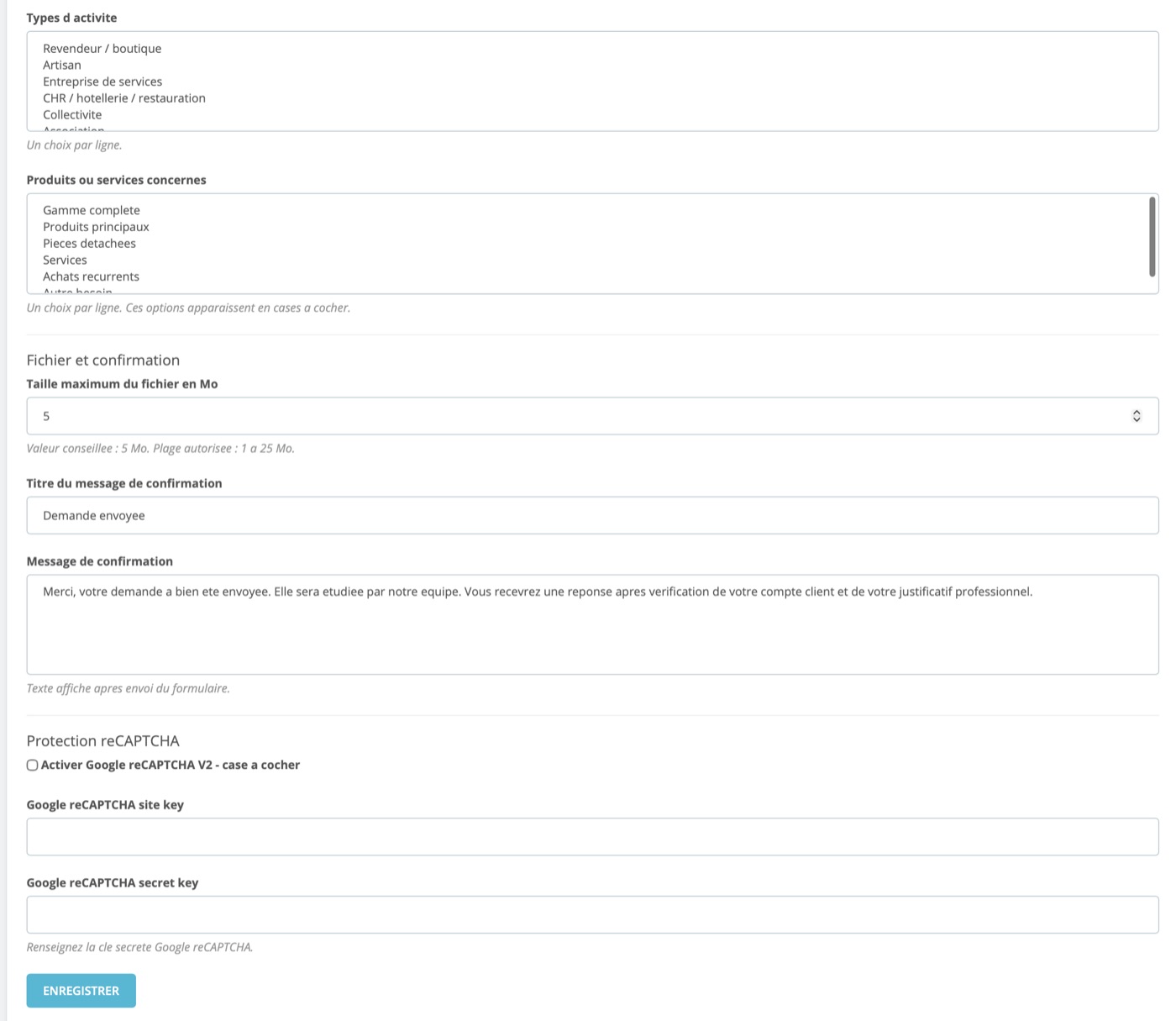 Paramétrage des listes, fichier et reCAPTCHA du module PrestaShop